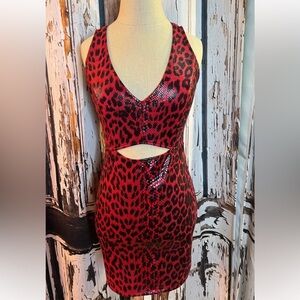 AKIRA Vibrant faux leather black and Red leopard print sexy dress